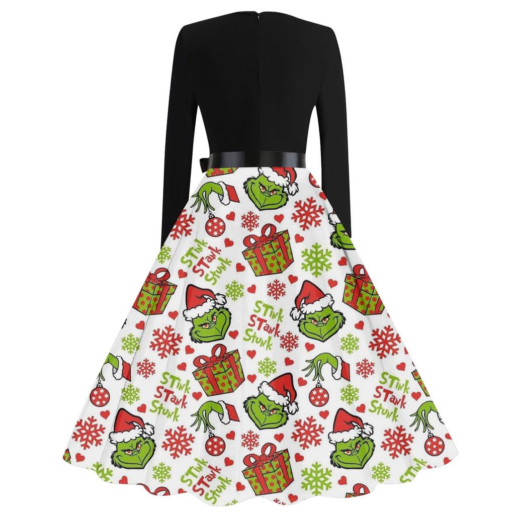 Рождественское расклешенное платье для женщин, платье с длинным рукавом, вечерние повседневные платья