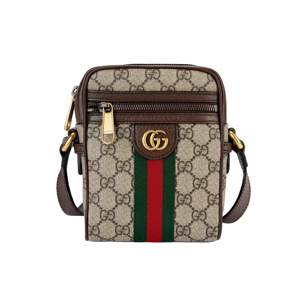 GUCCI Ophidia Vintage Logo Striped Webbing Canvas and Leather Shoulder Bag Regular Unisex Couple's Style Ebony and Brown
