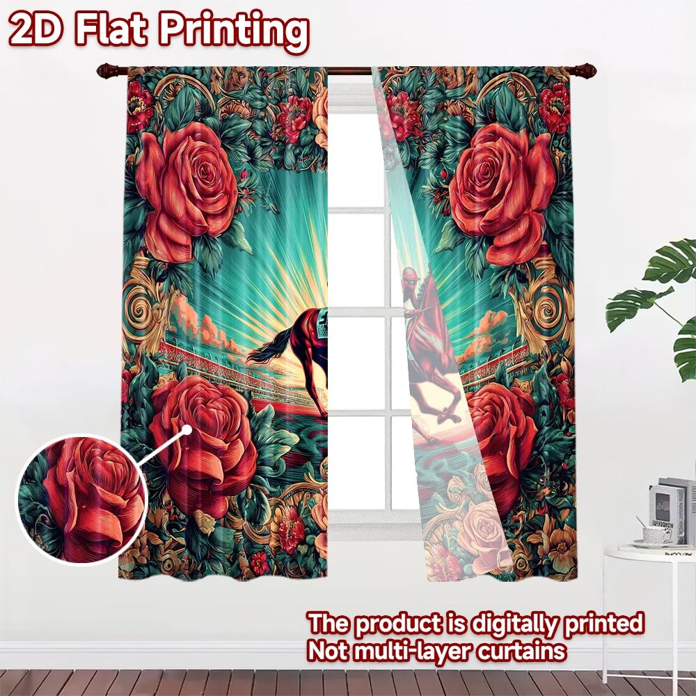 2D flat printing 2pcs Curtain Window Curtains Racing Horse with Roses Digital Printed Polyester Drapes Family Party Use for