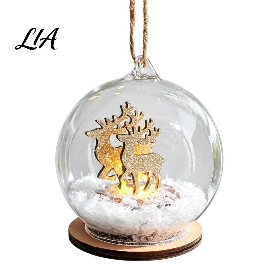 Lighted Christmas Tabletop Decor Glass Ball Ornament, LED Winter Snow Scene Wonderland Props Hanging Bauble with Reindeer Cabin for Tree Decorations
