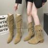 2025 осень ретро бахрома рыцарские сапоги толстый каблук, но сапоги до колена тонкий ворс остроносые сапоги женские