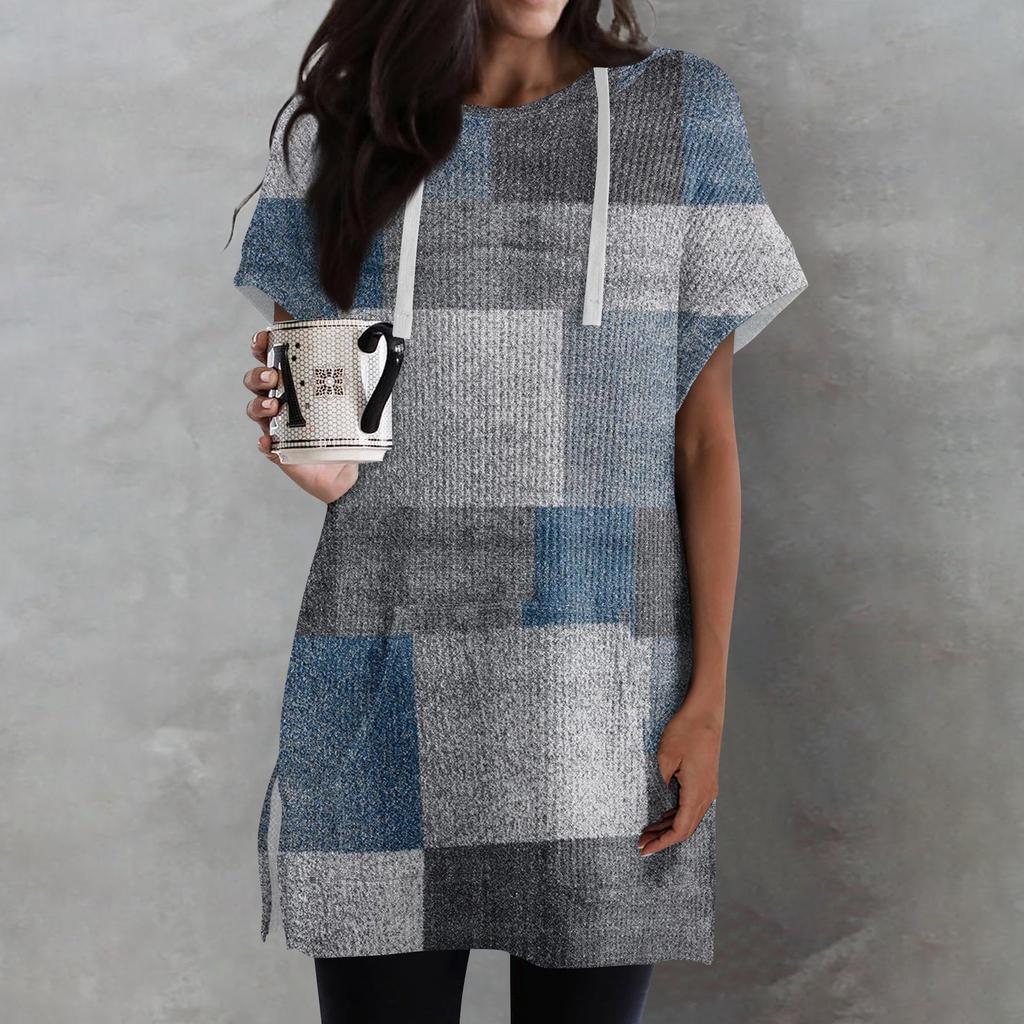 Женские свободные рубашки с принтом, толстовки с короткими рукавами и шнурком, вязаная туника с боковыми разрезами, топы с капюшоном и карманом