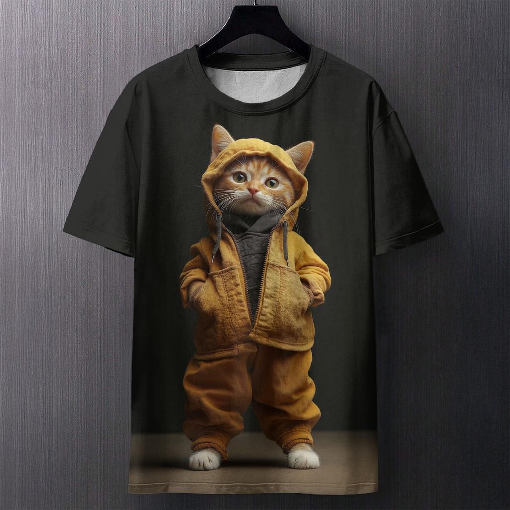 Fun Cat Pattern Printed T-shirt Summer Casual Loose Round Neck Short Sleeved Men's T-shirts