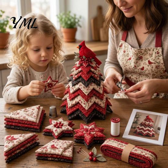 Custom Holiday Table Decorations Bird Christmas Tree Patchwork Kit, DIY Quilted Fabric Craft Diy Kit Floral Handmade Centerpiece for Home Mantel Decor