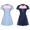 Teen Girls Swim Dress Short Sleeve Color Block Patchwork Zip Front Rash Guard Bathing Suit UV Protection