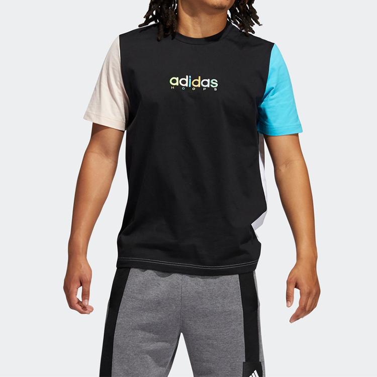 adidas Цветной блок-принт с логотипом Баскетбольная футболка с коротким рукавом Мужские топы Черные GP4021