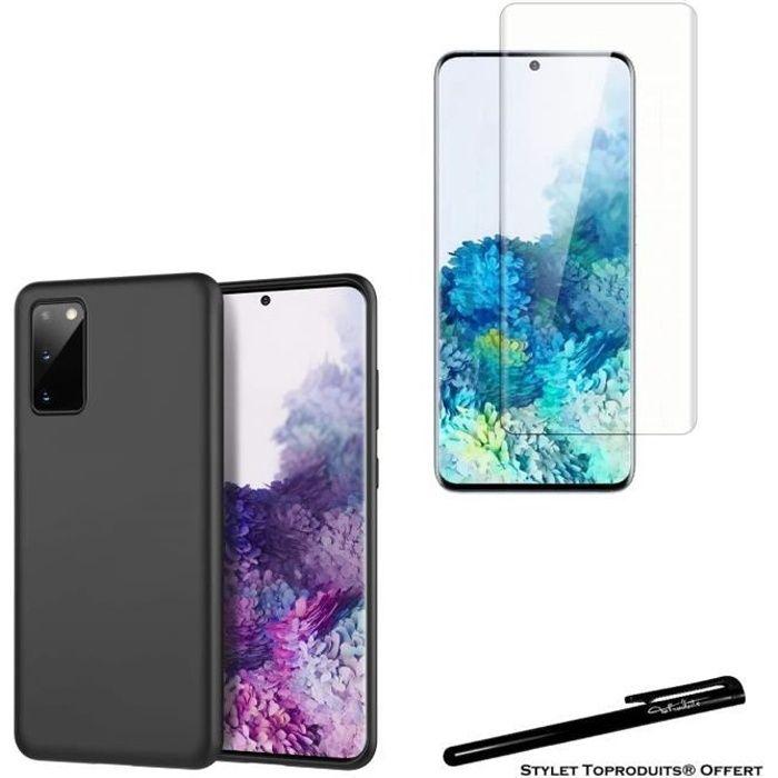 Coque et film de protection - Toproduits® - Samsung Galaxy S20 Plus - Verre trempé - Noir - Transparent