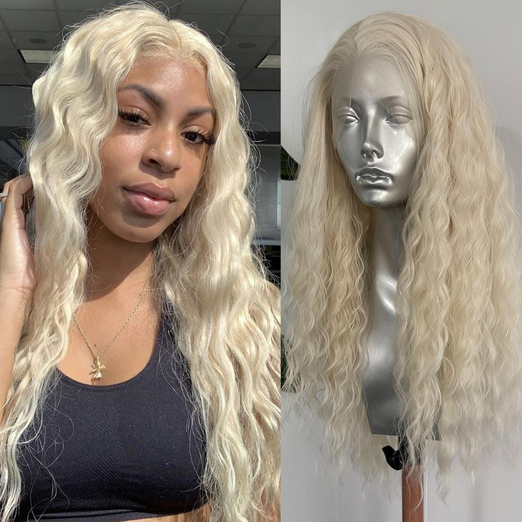 Platinum Blonde Deep Curly Wave Wig 13x4 Synthetic Lace Front Wig for Women Glueless Heat Resistant Fiber Hair Daily Use Cosplay