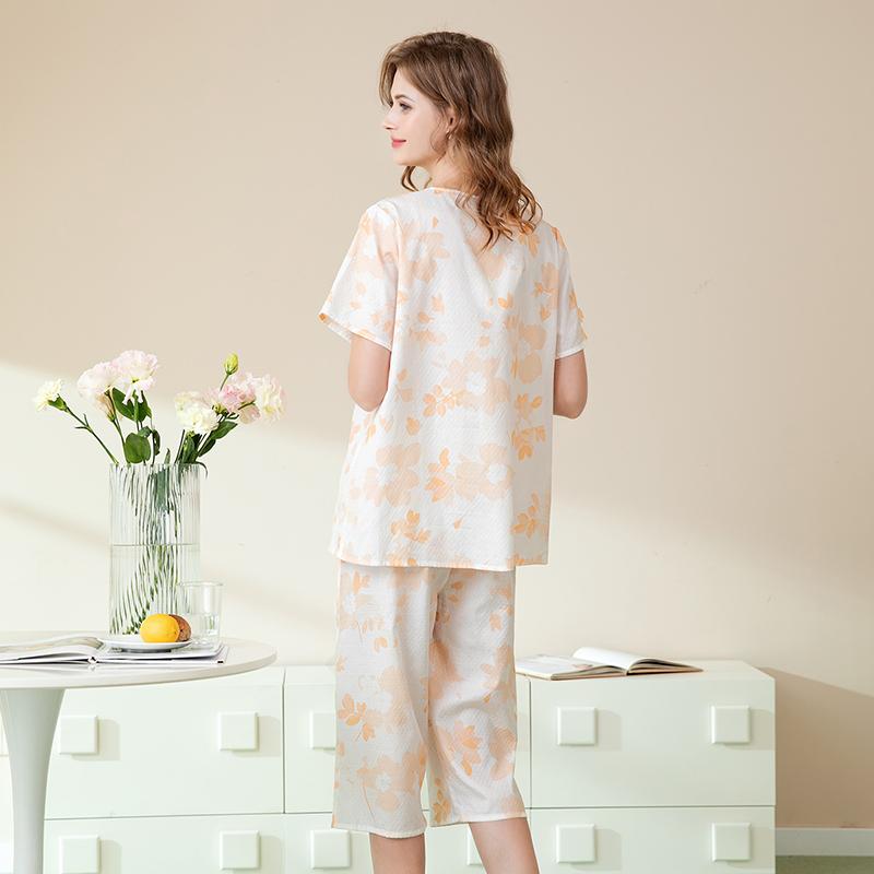 Fenteng [Floral Cotton Sensation] Summer V-neck Short Sleeve Hoodie Pants Home Clothes Pajamas Women's Set