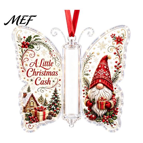 Reusable Money Holder Ornament Christmas Ornament, Acrylic Cash Hanging Decor with Vintage Tree Gift Case Butterfly Print, Holiday Party Supplies
