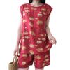 Casual national style red lotus print cotton and silk pajamas set summer thin sleeveless shorts loungewear two-piece set