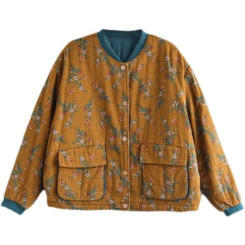 Johnature Women Vintage Stand Loose Print Floral Jacket Long Sleeve Padded Coats Winter Chinese Style Coat