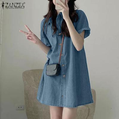 Женские короткие рукава с лацканами, однотонные джинсовые платья миди