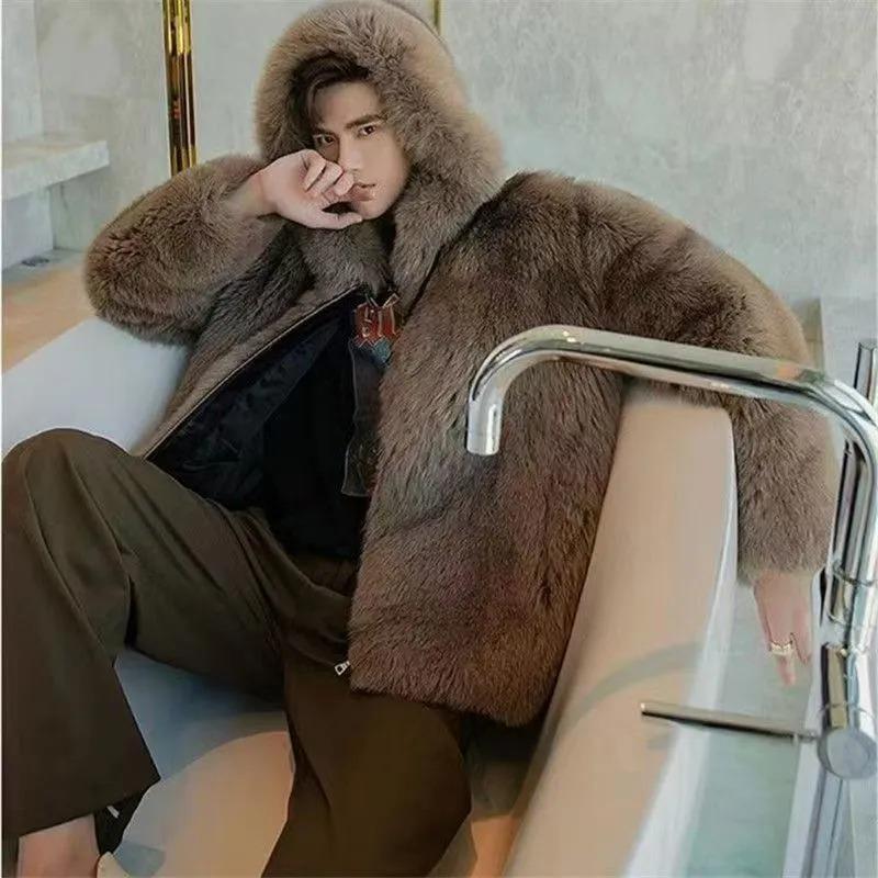 Мужской осенне-зимний модный, теплый, легкий и роскошный повседневный короткий хлопковый меховой пальто с капюшоном из лисы