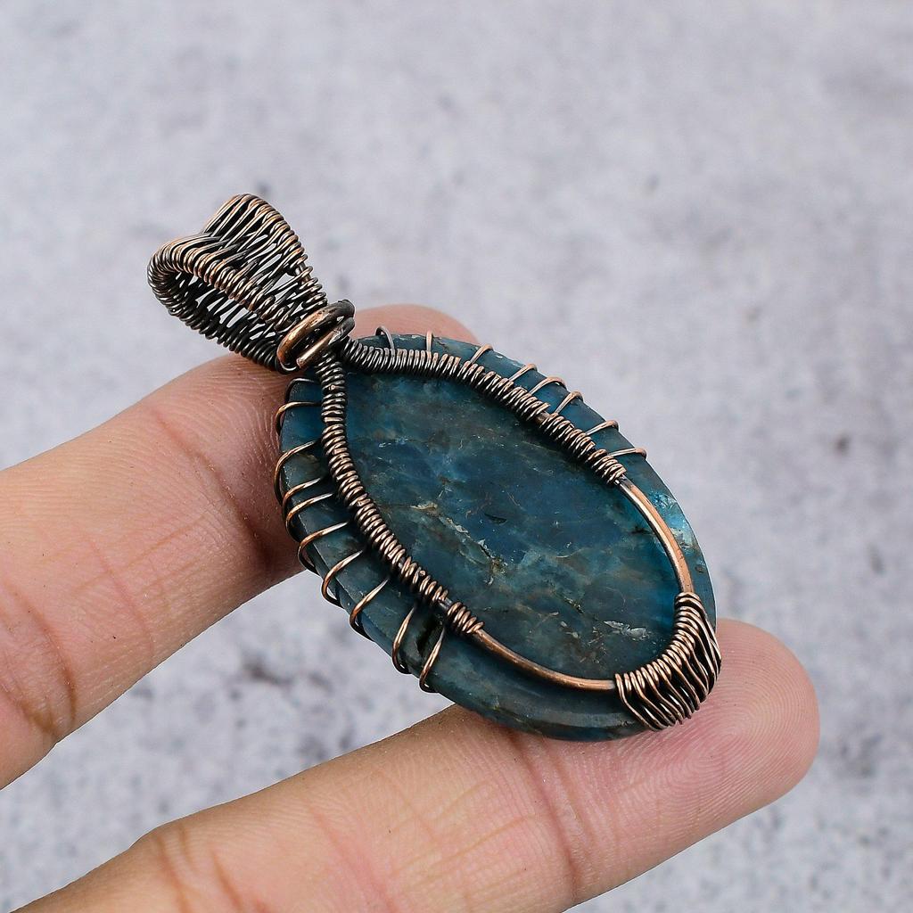 Tree Of Life Neon Blue Apatite Gemstone Pendant 999 Copper Wire Wrapped Jewelry, Handmade Antique Pendant Jewelry, Gift For Mother