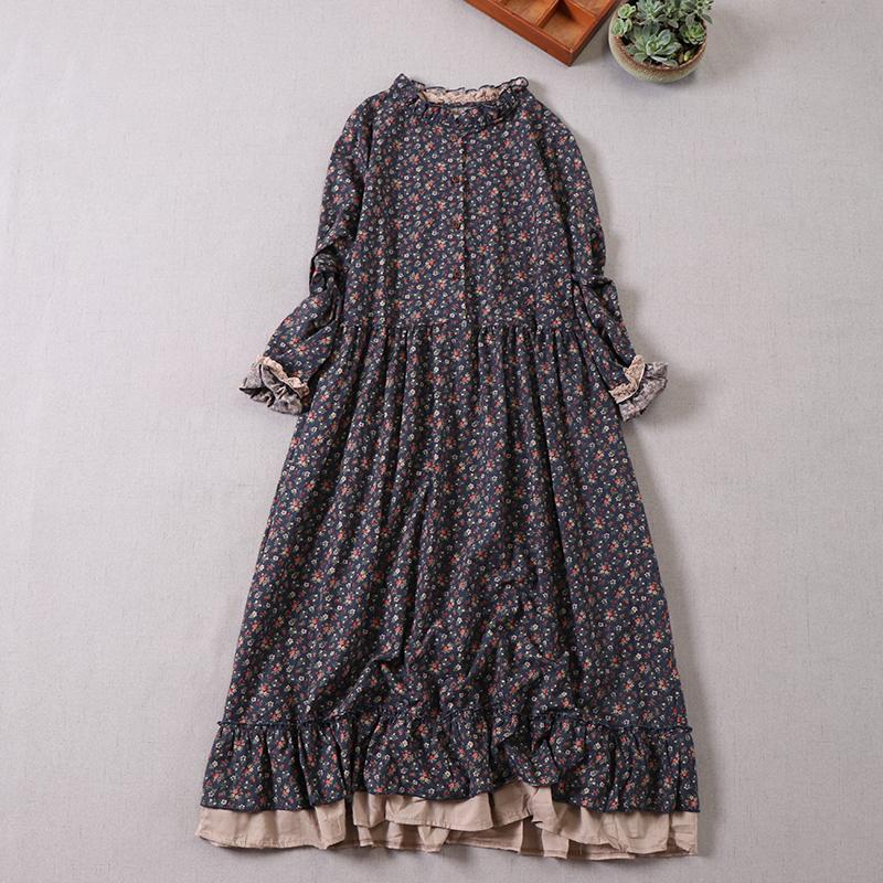 Mori Girl Autumn Spring Women Loose Long Dress Ruffled Collar Floral Cottagecore Dress Vintage Cotton Ruffles Elegant Chic Dress