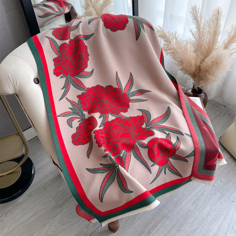 Retro High-End Simple And Elegant Flower Thickened Scarf Winter Scarf Women'S Fashion Warm Shawl