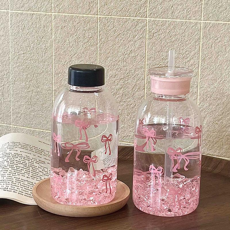 Бутылка для воды Kawaii, эстетический стакан для льда, кофе, сока, чая, симпатичные пластиковые стаканчики с бантом и крышкой-соломинкой, портативная бутылка для питья