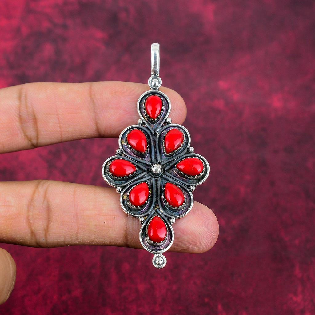 Подвеска из драгоценного камня ручной работы с красным кораллом, подвеска из стерлингового серебра 925 пробы, антикварные ювелирные изделия, для подарка на помолвку