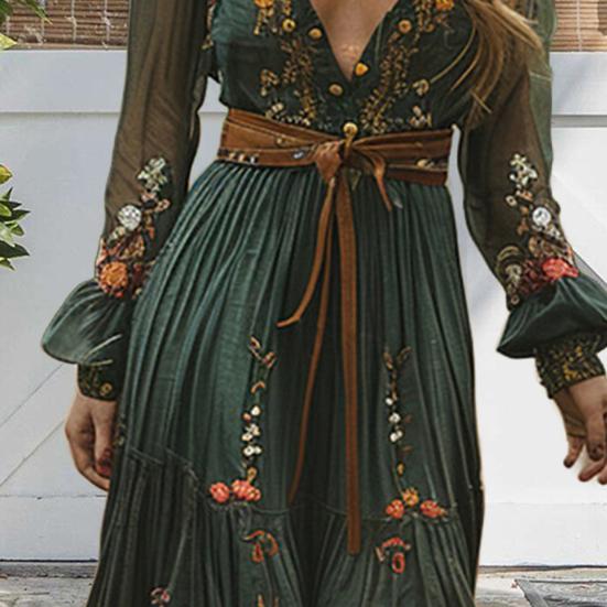 Women Dress Turn-down Collar Flower Printing Pleated A-line Ruffle Patchwork Three-Quarter Sleeves Maxi Dress Spring Fall Dating Party Dress