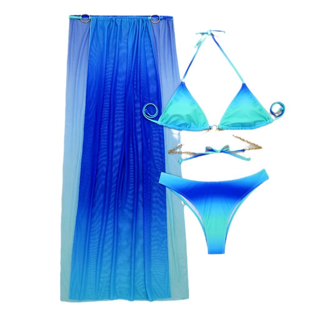 Sexy with Cover Up Gradient Halter Bikini 3PCS Female Swimsuit Women Swimwear Three-pieces Bikini Set Bather Bathing Suit Swim