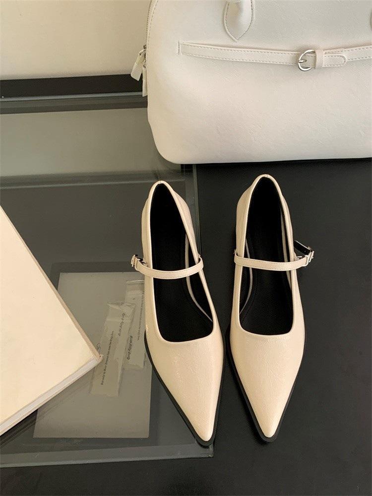 French pointed single shoes women's thick heel with Mary Jane women's shoes 2025 spring new flat-bottomed shallow mouth small leather shoes