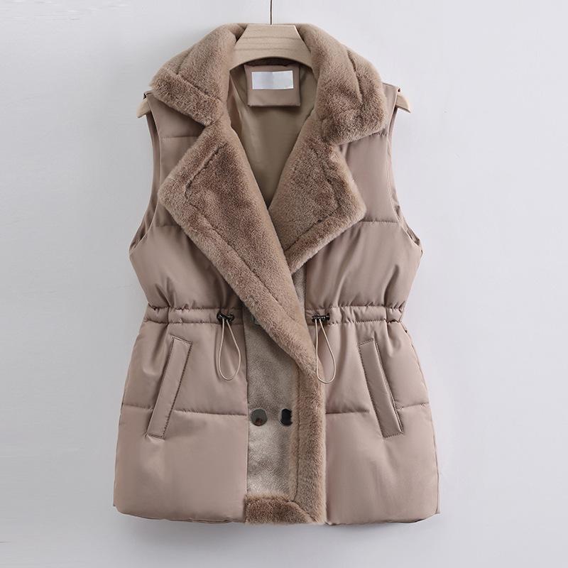 Lamb Wool Splicing Down Cotton Vest Women Wear Outside In Winter Autumn and Winter New Fur Integrated Lapel Drawstring Vest