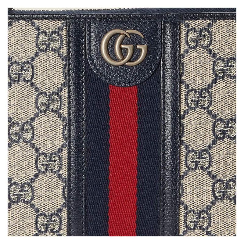 Gucci Ophidia distressed zipper closure, old flower all over with Double G Logo print, canvas and leather piping, clutch, men's beige/blue