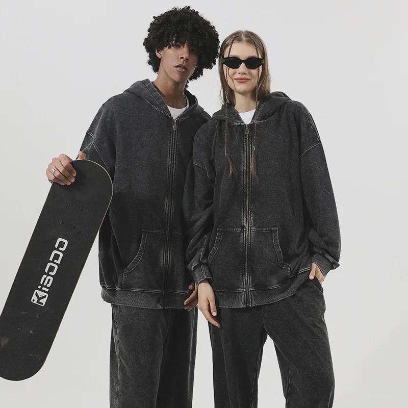 Толстовка с капюшоном из махровой ткани с потертостями на молнии, плотностью 350 г, большой размер, спущенное плечо, хлопок в стиле ретро