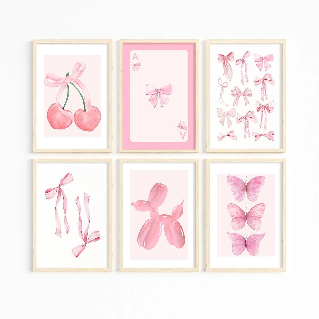 Pink Cherry Balloon Puppy Canvas Print Butterfly Playing Cards A Wall Art Poster for University Apartment Girl's Room Home Decor