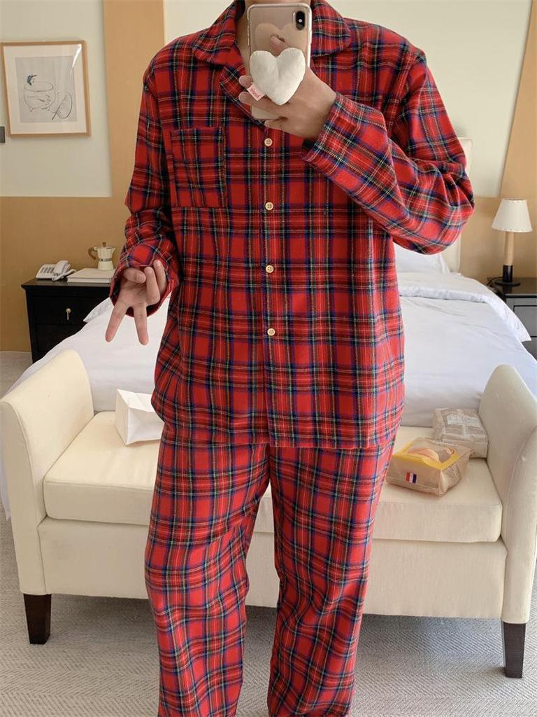 Korean Spring & Autumn Plaid Lace Peter Pan Collar Pajamas - Loose Couple Long Sleeve Homewear Set