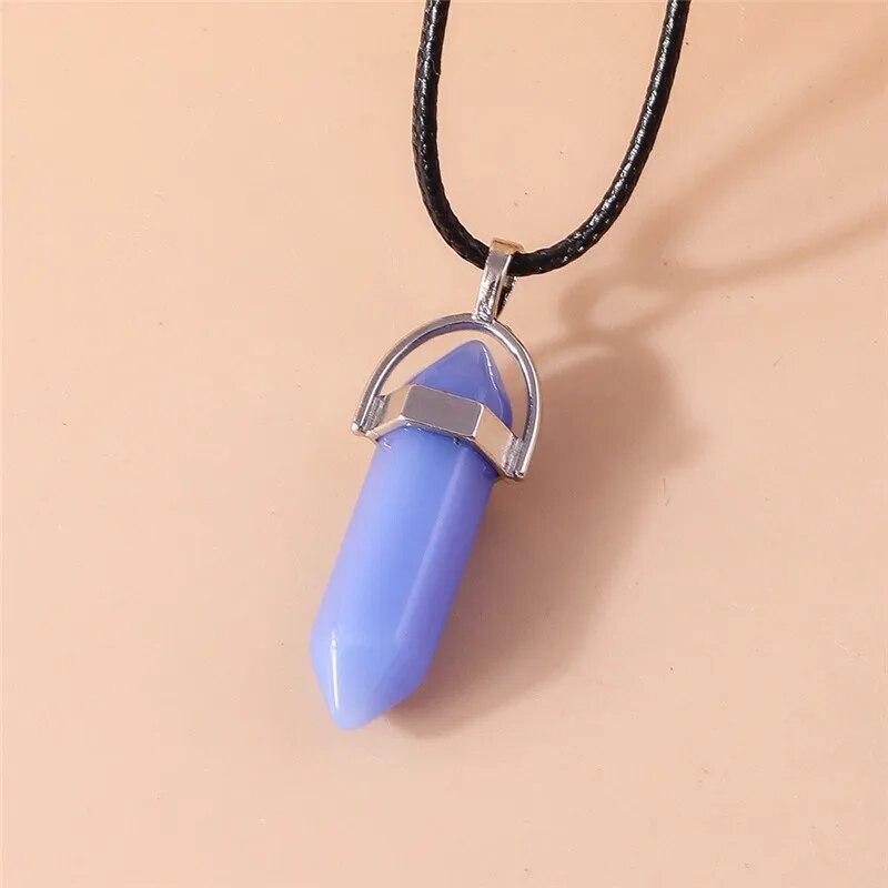 Натуральный камень, кварц, лазурит, опал, аметист, розовый хрустальный камень, шестиугольная колонна, кулон, ожерелья, кожаная цепочка, ожерелье-пуля