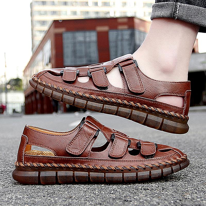 Летние мужские кожаные сандалии Hollow Casual Shoes Flats Quick Dry Waking Shoes