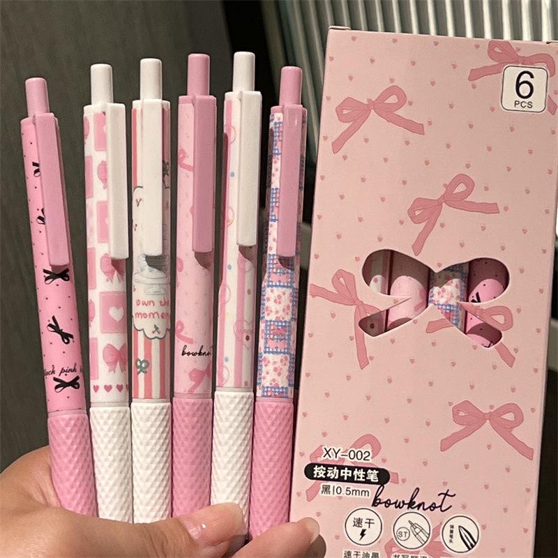 6pcs/box Sweet American Pink Color Gel Pens for Kids Cream Bow Cake Dessert Stationery Gel Pen 0.5mm Black Ink Pen for Writing