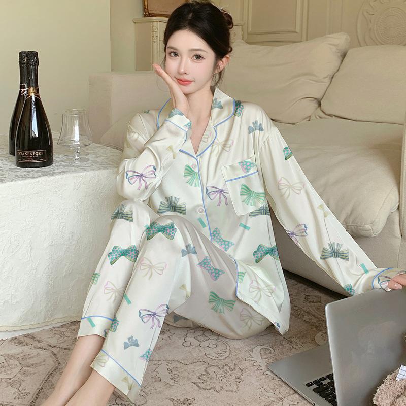 Sweet Bow Print Spring And Autumn Thin Long-Sleeved Suit Cardigan Pajamas Women'S Loungewear Can Be Worn Outside