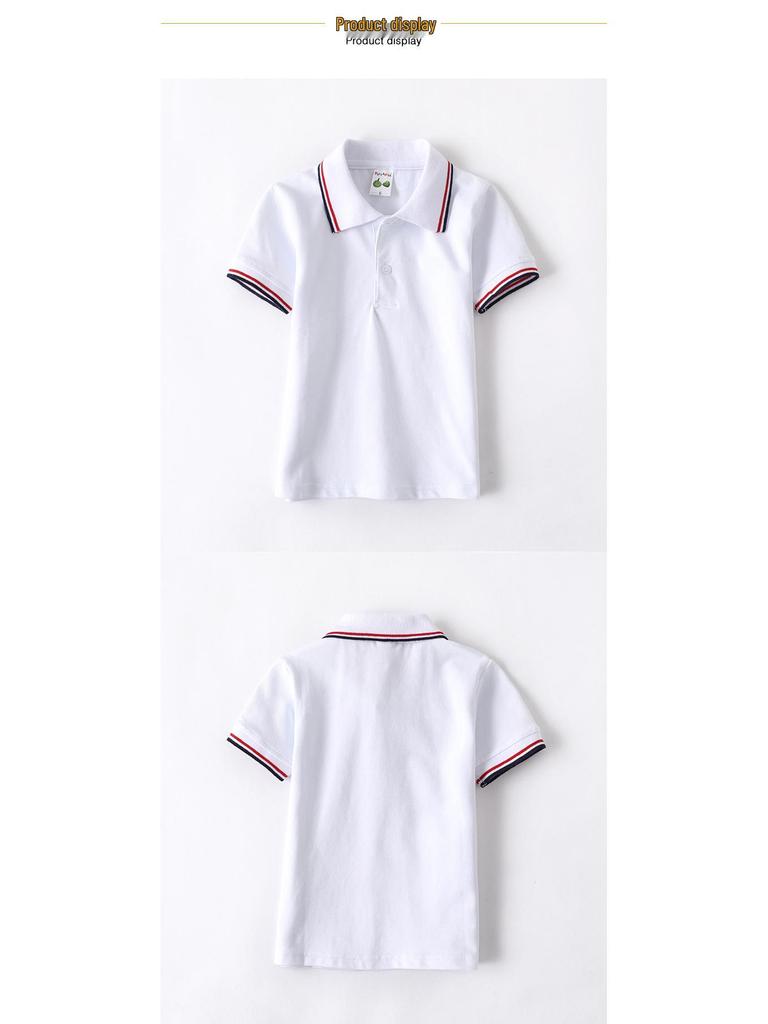 Boys' White Short-Sleeve Polo Shirt, Elementary School Uniform, Turn-Down Collar, Girls' Graduation Class T-Shirt