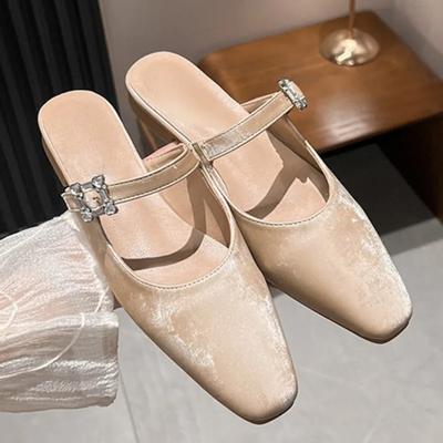 Модные мюли с квадратным носком, слипоны, удобные, женские, с бриллиантовой пряжкой, для улицы, модные, элегантные, из блестящей ткани, повседневные женские балетки