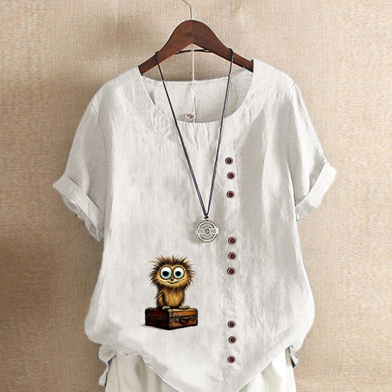 Women's Fashion Owl Prined Short Sleeve T-shirt Loose Cotton Shirt Casual Loose Summer Blouse Plus Size Tops