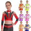 Girls Gymnastics Dance Top Long Sleeve Shiny Rhinestone Color Block Cross Back Cutout Crop Top