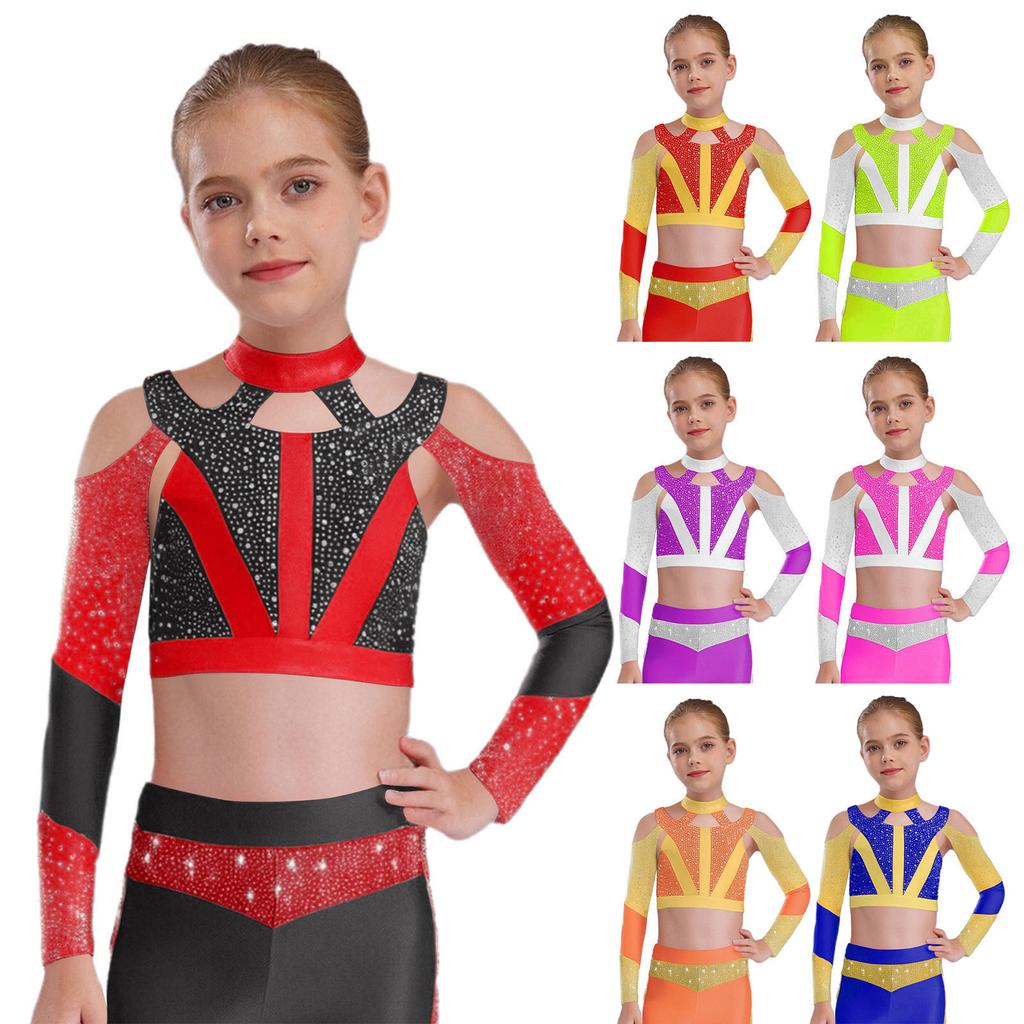 Girls Gymnastics Dance Top Long Sleeve Shiny Rhinestone Color Block Cross Back Cutout Crop Top