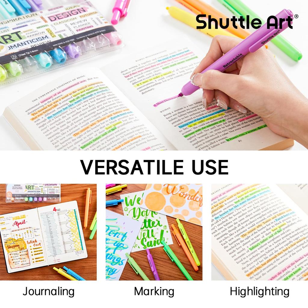 Маркер-хайлайтер Shuttle Art, Пастельные и Неоновые, Скошенный Наконечник, для Дневника, Открытки, SNS, Набор из 12 Штук, Выдвижной, Различные Цвета, Мягкие, Яркие, На Водной Основе, Наконечник, Быстросохнущий,