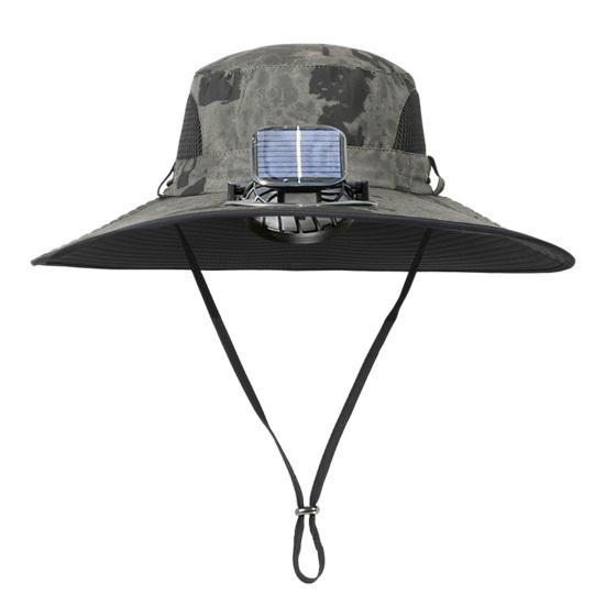 Men Outdoor Hat with Detachable Solar Fan Large Brim Windproof Strap USB Charging Anti-UV Sunlight Protection Hollow Mesh Great Breathability