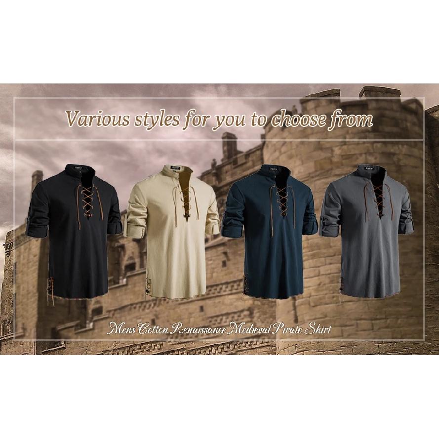 JEMITOP Men's Pure Cotton Retro Lace Up Shirts for Renaissance Pirate Medieval Viking