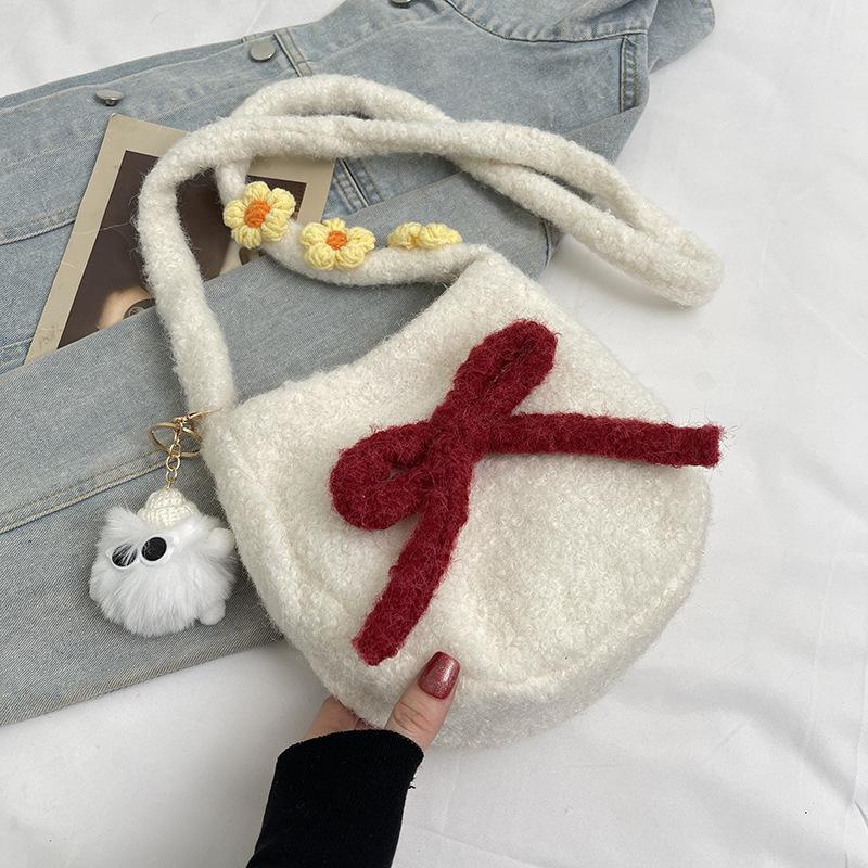 Macaron Plush Oval Cute 2025 Autumn New Bag Small Crossbody Shoulder Backpack Bow Mobile Phone Bag