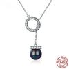 S925 100% Sterling Silver Circle Black Shell Pearl Elegant Long Chain Women Pendant Necklace Silver Jewelry