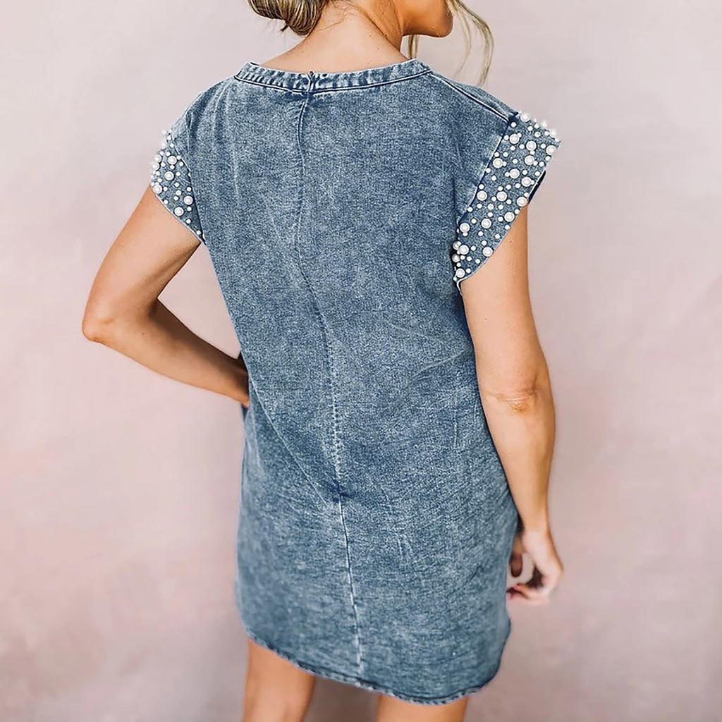 Women Casual Summer Sexy Round Neck Short Sleeve Slimming Loose Denim Dress