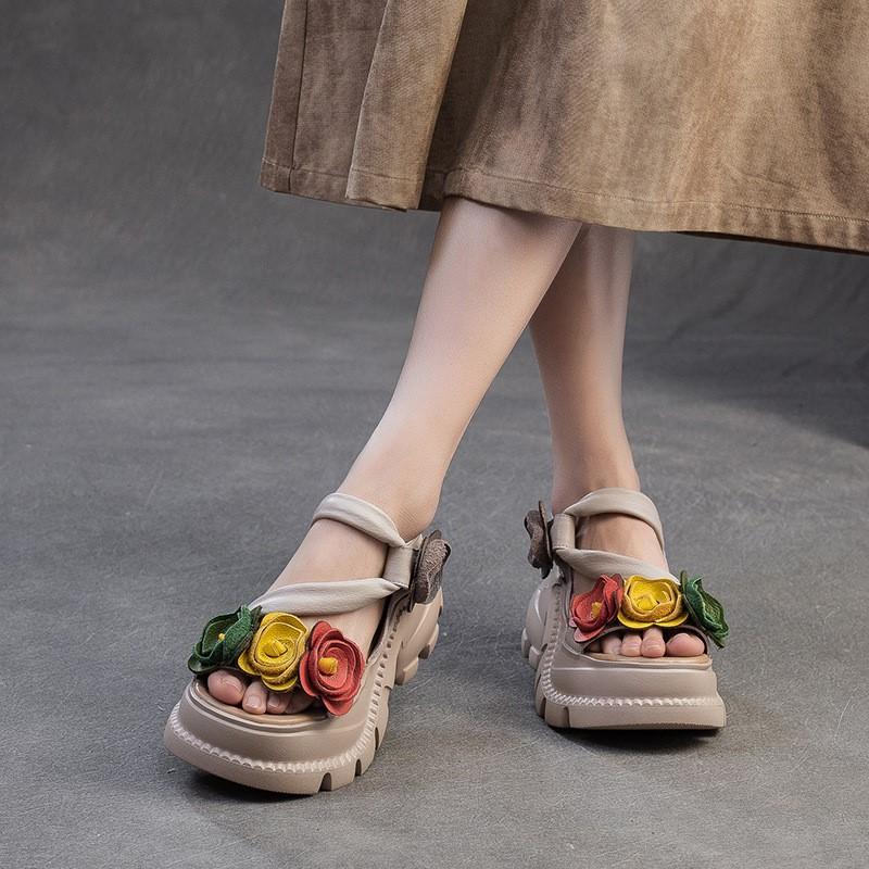 Johnature Retro Flower Peep Toe Platform Sandals Breathable Genuine Leather Versatile Women's Shoes