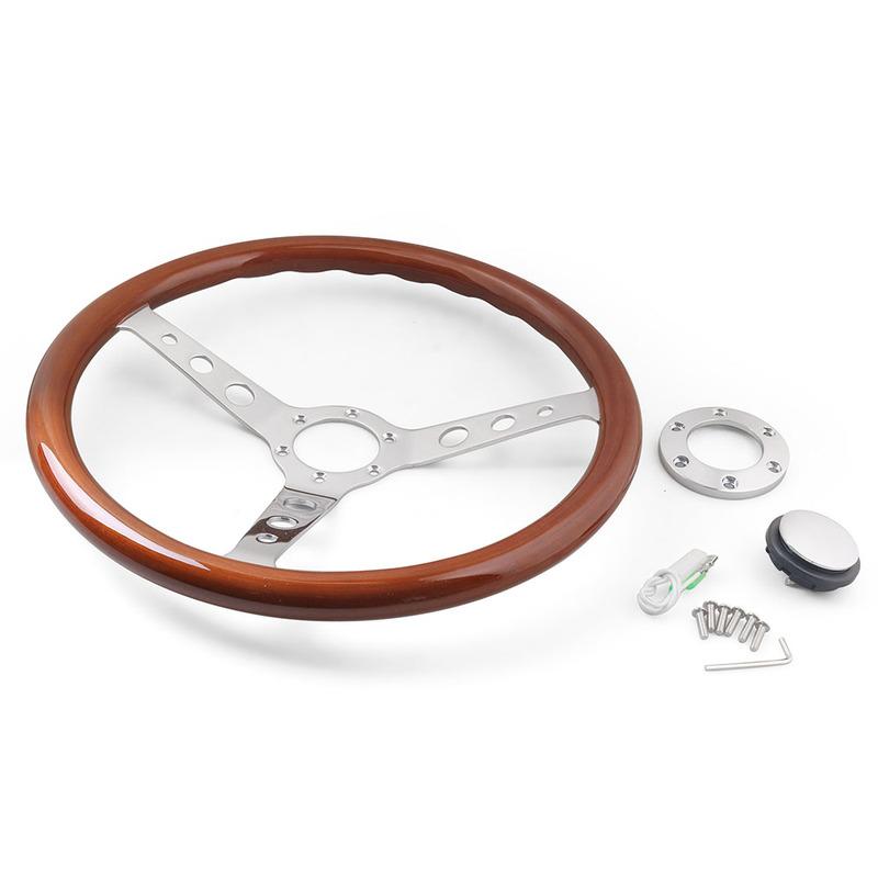 15 Inch Real Wood Steering Wheel 380mm Silver Brushed Spoke Chrome 6 Holes with Horn Button Wooden Grain Depth 55mm