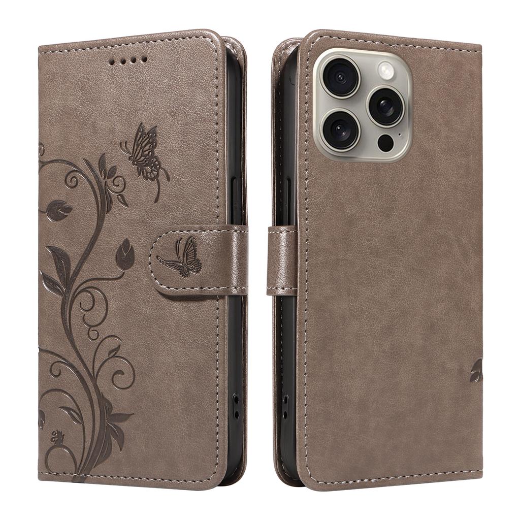 For iPhone 15 Pro Max PU Leather Cases Flower Pattern Wallet Stand Phone Cover with Strap