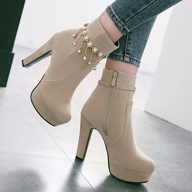 Женские короткие сапоги на высоком каблуке, модные непромокаемые однотонные короткие ботинки на платформе и толстом каблуке, большие замшевые ботинки на высоком каблуке